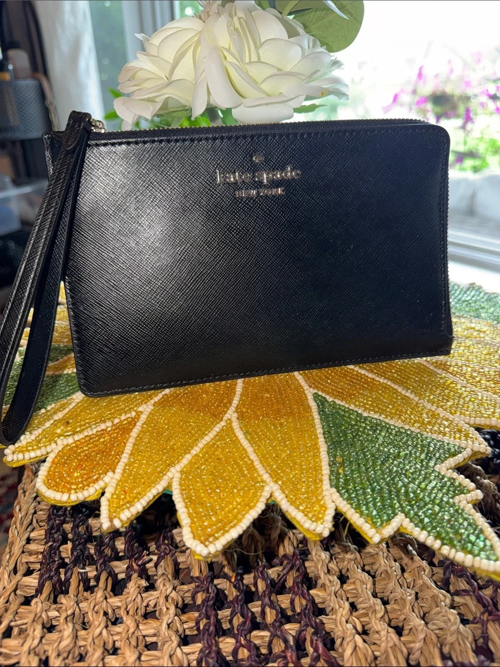kate spade Black Saffiano Leather Wristlet Clutch with Gold Logo
